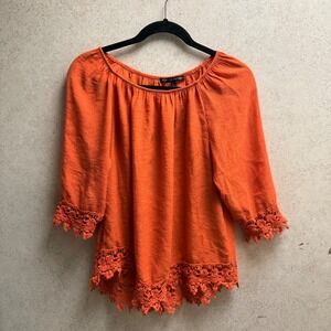 Always Indigo L Womens Orange Boho Peasant Festival Flowy Lace Trim Tunic Top